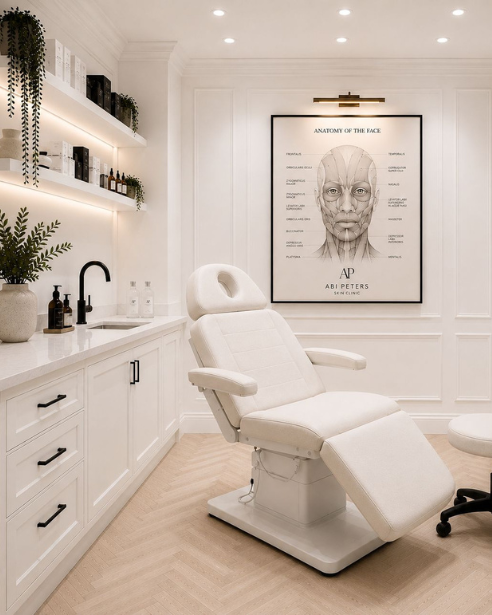 The treatment room at the Abi Peters Skin Clinic with facial anatomy artwork
