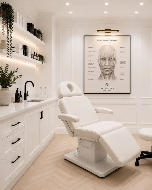 The treatment room at the Abi Peters Skin Clinic with facial anatomy artwork