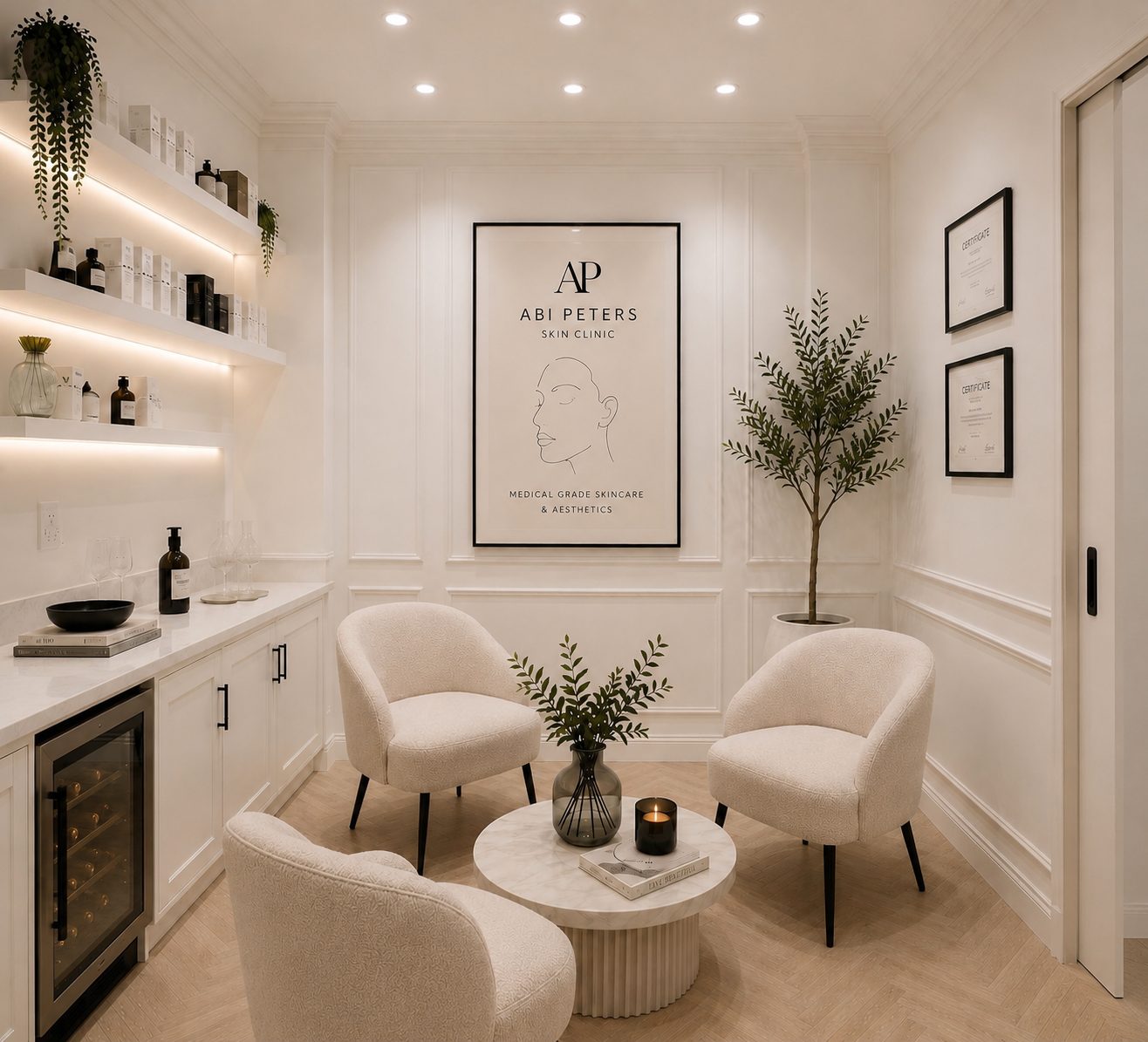 The consultation lounge with branded artwork and product shelving